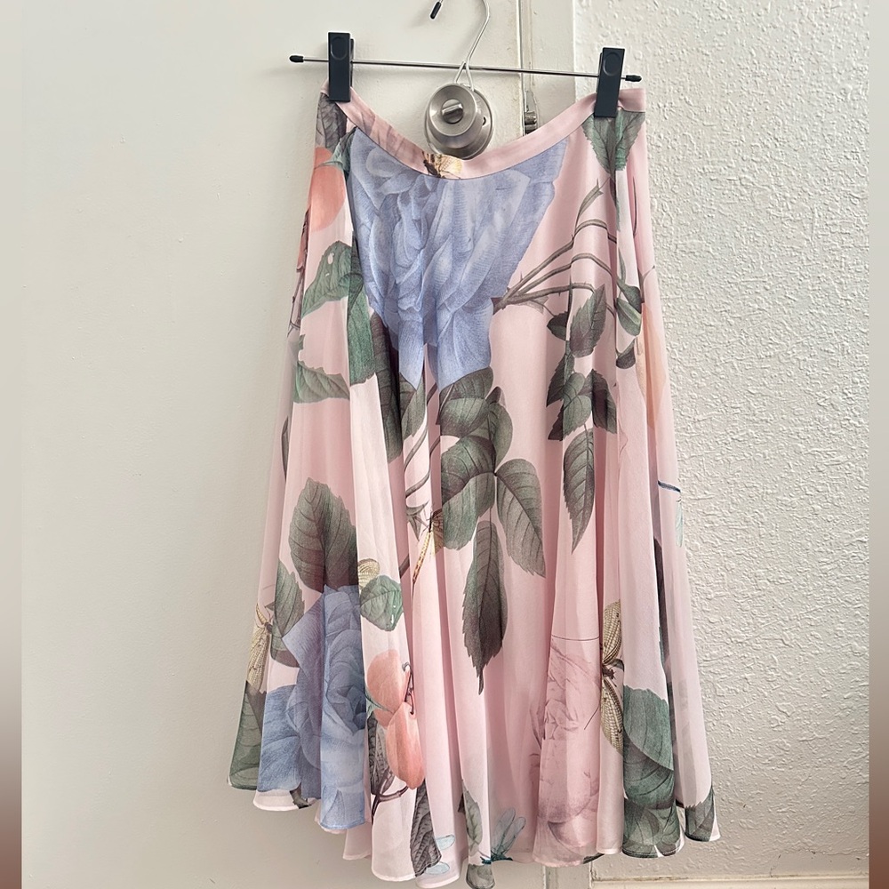 Ted Baker Pink Floral Circle Skirt with Blue Blooms - Picture 2 of 5